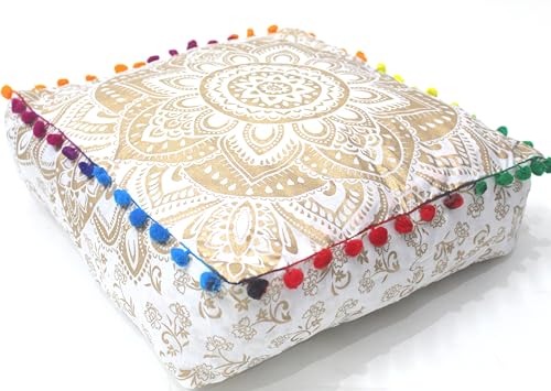 INDIAN CRAFT CASTLE Mandala Mandala Barmeri Large Floor Pillow Cover Cushion Meditation Seating Ottoman Throw Cover Hippie Decorative Zipped Bohemian Pouf Ottoman Cases (Golden, 16" Square)