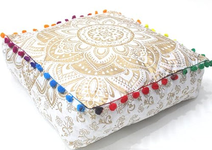 INDIAN CRAFT CASTLE Mandala Mandala Barmeri Large Floor Pillow Cover Cushion Meditation Seating Ottoman Throw Cover Hippie Decorative Zipped Bohemian Pouf Ottoman Cases (Golden, 16" Square)