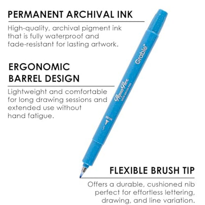 Grabie AquaFlex Sign Brush Pen Set of 12 – Flexible Brush Tip with Waterproof, Archival Ink for Calligraphy, Journaling, Drawing & Illustration – Vibrant, Quick-Drying, Non-Toxic & Smudge-Proof
