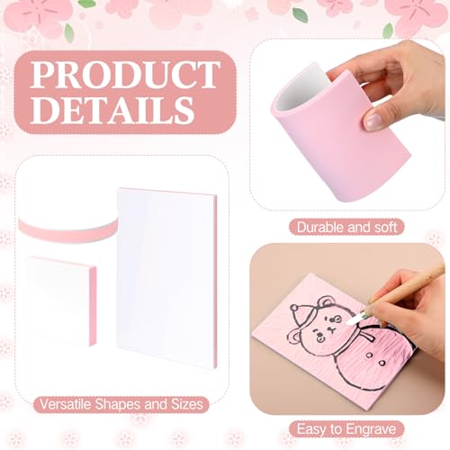 18 Pcs Rubber Stamp Carving Blocks Linoleum Blocks 4"x6" and 2"x2" Round Square Rectangle Block Carving Kit for Stamp Crafts DIY Project (Pink and White) - color: Pink and White