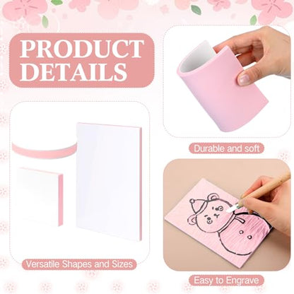 18 Pcs Rubber Stamp Carving Blocks Linoleum Blocks 4"x6" and 2"x2" Round Square Rectangle Block Carving Kit for Stamp Crafts DIY Project (Pink and White) - color: Pink and White