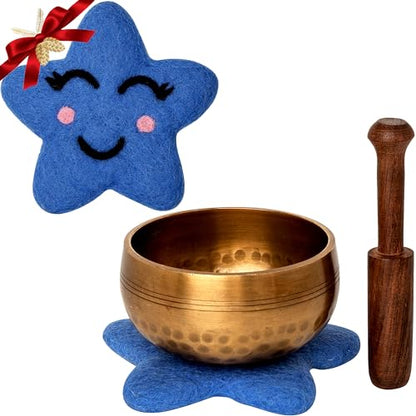 Ohm Store Pure Bronze Tibetan Singing Bowl Set — Children's Musical Percussion Instrument for Meditation and Mindfulness Practices — Little Ohmies Skye Character Pillow and Bronze Sound Bowl - style: Skye
