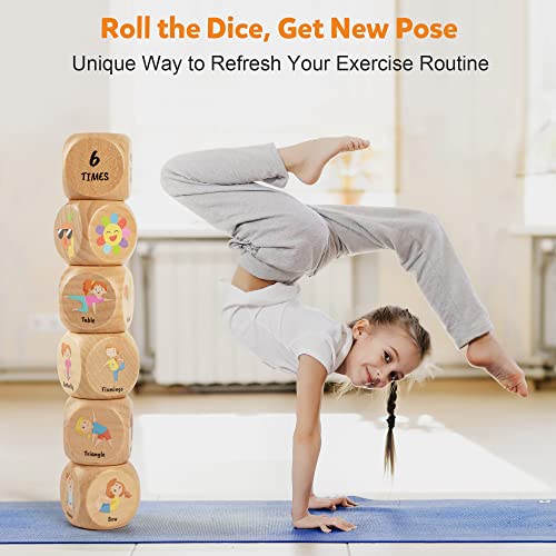 Homotte Wooden Yoga Dice Set for Kids Fun Workout Game | Including 6 Exercise Dice, 12 Yoga Cards & A Box, Mindfulness Yoga Set for Girls & Beginners