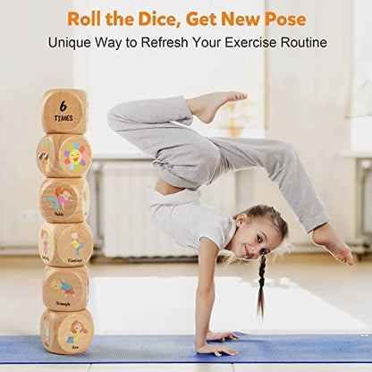 Homotte Wooden Yoga Dice Set for Kids Fun Workout Game | Including 6 Exercise Dice, 12 Yoga Cards & A Box, Mindfulness Yoga Set for Girls & Beginners