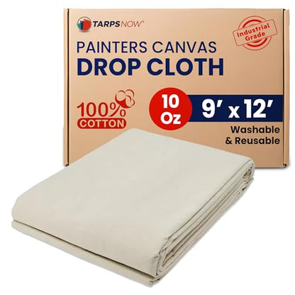 Tarps Now 9x12 ft Premium Heavy Duty Canvas Drop Cloth for Painting - Reusable Painter Tarp, 100% Cotton Fabric Floor Cover & Furniture Protection, Washable Paint Drop Cloth - size: 9' x 12'