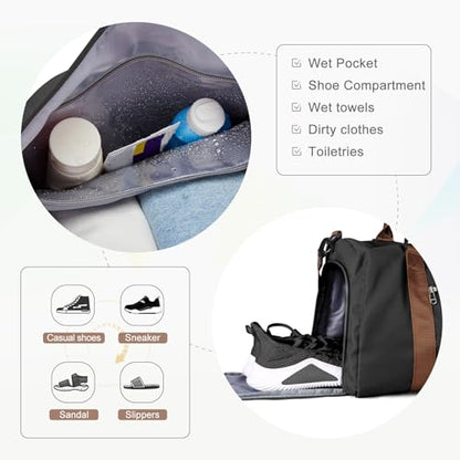 Gym Bag for Women Men with Shoes Compartment,Sports Duffle Bag Personal item travel Duffel Bags Tote Bag Small Carry on Weekender Overnight Bags Workout Dance Bag Hospital Holdalls Black Brown - color: A9-Black Brown