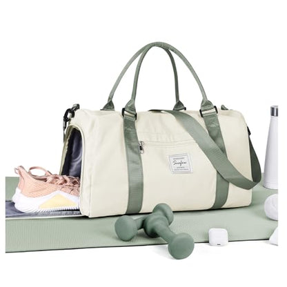 Gym Bag Womens Mens with Shoes Compartment and Wet Pocket Travel Duffel Bag for Women for Plane Sport Gym Tote Bags Swimming Yoga Waterproof Weekend Overnight Carry on Bag Hospital Holdalls - color: A11-Beige with Green