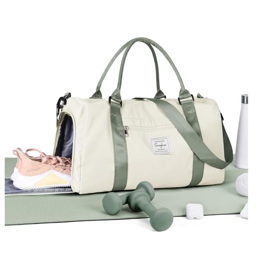 Gym Bag Womens Mens with Shoes Compartment and Wet Pocket Travel Duffel Bag for Women for Plane Sport Gym Tote Bags Swimming Yoga Waterproof Weekend Overnight Carry on Bag Hospital Holdalls - color: A11-Beige with Green