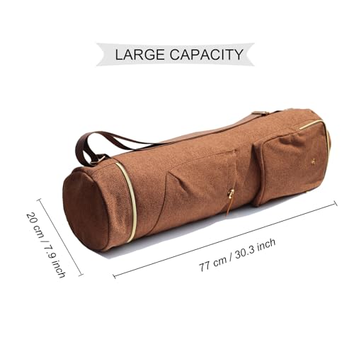 ESVAN Yoga Mat Bag with Multi Pockets Drawstring Yoga Mat Carrier Pilates Exercise Multi-Functional Storage Bag - color: Linen Brown