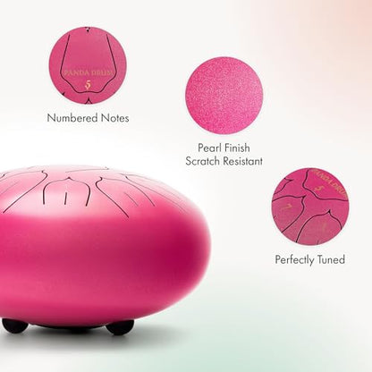 Panda Drum Plus (Pink) | Steel Tongue Drum for Inside & Outside | 11 Inch | with Music Book, Mallets, Carrying Bag & Finger Picks | 432 Hz Rain Drum | Calming Musical Instrument for Adults - color: Pink
