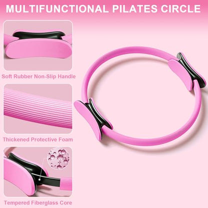 Pilates Ring Equipment Set, Home Pilates Kit for Women with 13’’ Magic Ring with Dual Padded Handles, Small Pilates Ball, 5 Resistance Bands & Complete Fitness Guide, Pilates Essential Accessories - color: 15pcs Pink