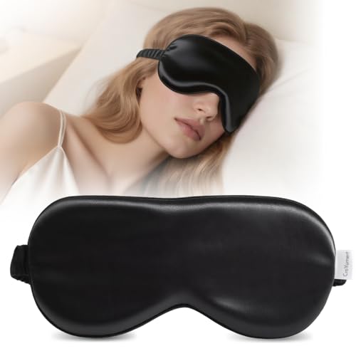 100% Pure Mulberry Silk Eye Mask - 22 Momme Adjustable Strap, Light Blocking, Silk Storage Bag & Gift Box - for Sleep/Travel/Gift, Sensitive Skin Friendly (Black)