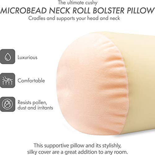 Microbead Bolster Neck Roll Pillow, 14x8 in Cylinder Tube, Off White Cream | Silky feel fabric helps prevent wrinkles & hair breakage; feather-light beads gently cushion head & shoulders as you rest - color: Off White Cream