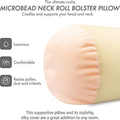 Microbead Bolster Neck Roll Pillow, 14x8 in Cylinder Tube, Off White Cream | Silky feel fabric helps prevent wrinkles & hair breakage; feather-light beads gently cushion head & shoulders as you rest - color: Off White Cream