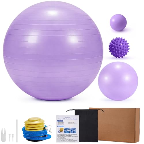 4Pcs Yoga Ball Set includes Large and 9in Pilates Balls, Massage & Spiky Ball for Fitness ,Anti-Burst Exercise Ball with Pumb for Pregnancy,Physical Therapy,Office Chair, Home Workout,3Sizes,3Colors - color: Purple, size: M(19-22inch/48-55cm)
