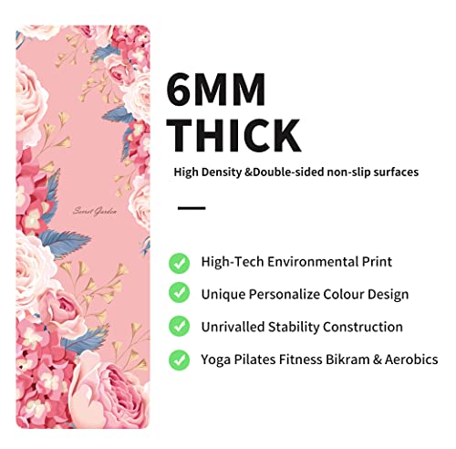 nuveti Yoga Mat Print Extra Thick TPE Non Slip Fitness Exercise Mat with Carrying Bag,72"x24" Extra Thick 6MM Exercise & Workout Mat for Yoga, Pilates Fitness and Floor Exercises - color: Flower-D