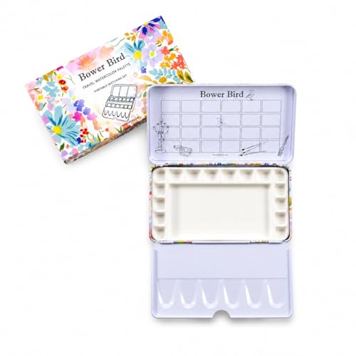 Bower Bird Travel Watercolor Palette,Portable Ceramic Palette,Empty Paint Palette,Small Travel Metal Paint Boxwith Porcelain Palette (16Well) - color: Spring