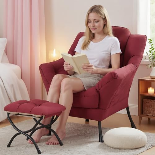 Tiita Lazy Chair with Ottoman, Comfy Reading Accent Chair, Burgundy | Foldable Footrest, Padded Seat and Backrest, Side Pocket for Lounging in Living Rooms, Bedrooms, Dorms and Small Spaces - color: Burgundy