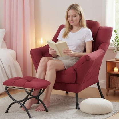 Tiita Lazy Chair with Ottoman, Comfy Reading Accent Chair, Burgundy - color: Burgundy