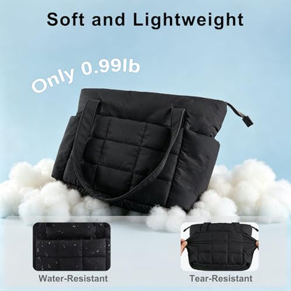 U+U Puffer Tote Bag for Women, Quilted Work Tote with Compartments | Work-to-Travel Design with Yoga Mat Strap - color: Black