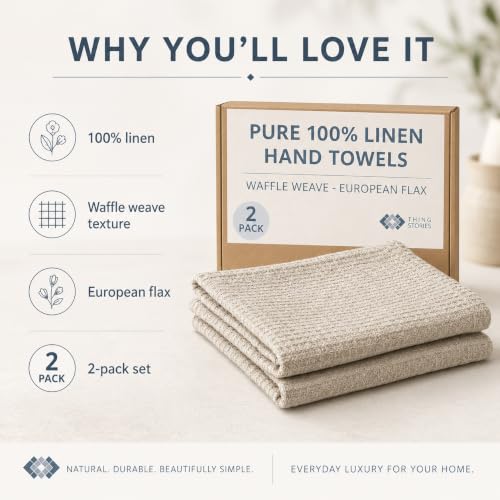 Pure 100% Linen Hand Towels - 14x28-inch Set of 2 pcs - Thin Waffle Weave - color: Natural Linen, size: Hand Towels