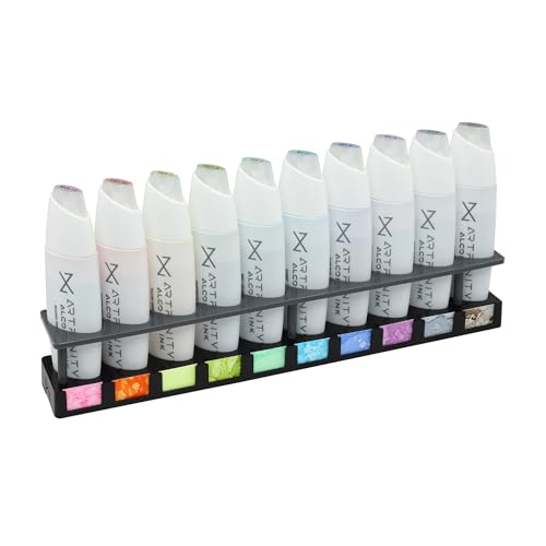 Artfinity Alcohol Ink Pretty in Pastel Set of 10 Colors (25 ml) with Free Acrylic Stand - for Painting or Alcohol Marker Refill Ink, Acid-Free, Fast-Drying, Permanent, Transparent, Swatch Template - color: Pretty in Pastel