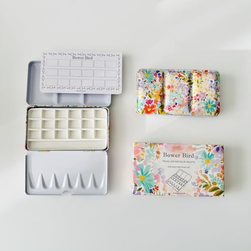 Bower Bird Travel Watercolor Palette,Portable Ceramic Palette,Empty Paint Palette,Small Travel Metal Paint Boxwith Porcelain Palette (18Well) - color: Pink