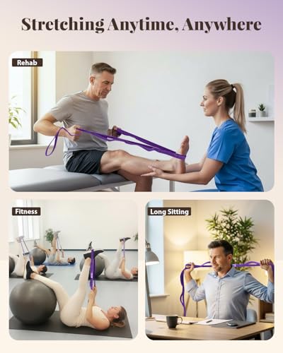Trideer Stretching Strap with Loops & Leg Lifter, Non-Elastic PT Strap | Leg Lifter Mobility Aid, Non-Elastic PT Stretching Strap, Multi-Loop Grip Control, Home Recovery Support - color: Purple
