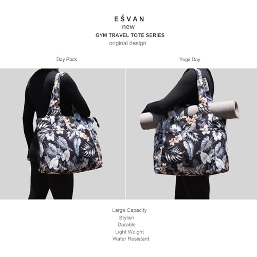 ESVAN Yoga Tote Bag Mat bag Women Shoulder Bags Carryall Tote for Travel Office Workout Gym Nurse Beach - color: Canvas Black Leaf