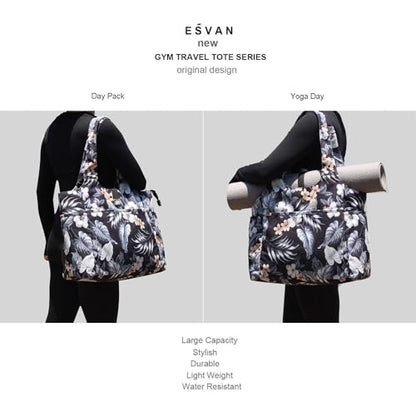 ESVAN Yoga Tote Bag Mat bag Women Shoulder Bags Carryall Tote for Travel Office Workout Gym Nurse Beach - color: Canvas Black Leaf