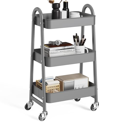 OLIXIS Metal Rolling Storage Utility Cart with Lockable Wheels 3 Tiers | Mobile Organizer Shelf, Space-Saving, Freestanding, Bathroom, Living Room, Slim, Narrow Corner Spaces, Gray - color: 3-tiered Light Gray, size: 3-Tiered 17 inches