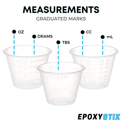 [100 Pack - 1oz] Epoxy Resin Mixing/Medicine Cups with 50 Bonus Mixing Sticks - 1 Ounce Graduated Plastic Cups (1 Sleeve) - EpoxyStix - size: 100ct with 50 Stir Sticks