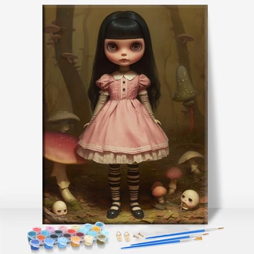Aeontinity Forest Pink Doll Gothic Framed Canvas DIY Paint by Numbers Kit Bar Cafe Cave Home Room Wall Bathroom Porch Patio Decor Gift, 16 x 12 Inch - color: FOREST PINK DOLL
