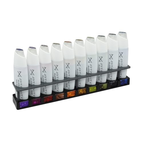 Artfinity Alcohol Ink Devastating Beauty Set of 10 Colors (25 ml) with Free Acrylic Stand - for Painting or Alcohol Marker Refill Ink, Acid-Free, Fast-Drying, Permanent, Transparent, Swatch Template - color: Devastatingly Beautiful