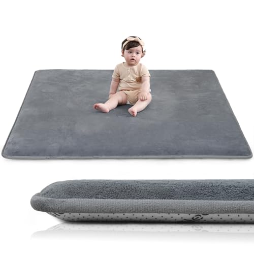 Huloo Sleep Baby Play Mat for Floor,1.3" Thick Elasti-Foam 50"×50" Playpen Mat for Tummy Time,Non-Toxic Certified Water Repellent Soft Coral Velvet for Toddler,Infant,Kids,Non-Slip Backing Safe for Crawling(Dark Grey) - color: Dark Grey, size: 50"×50"×1.3