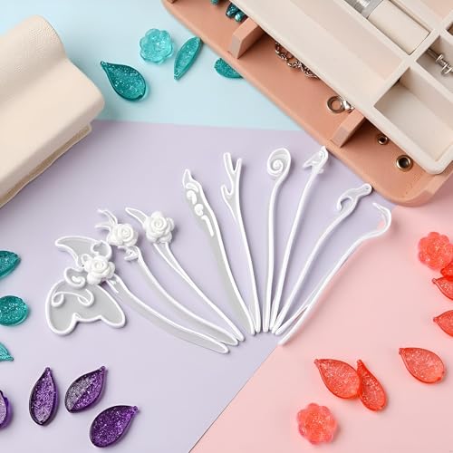 Tustao 5 Pcs White Silicone Resin Hairpins Molds Hair Stick Kit for Jewelry Crafts Making Jewelry Resin Casting Molds,Jewelry Casting Supplies