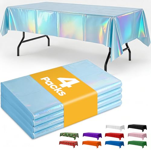 Niuara Iridescent Blue Plastic Table Cloth Disposable, 4 Pack, 54 x 108 in | Rectangle, 6 ft Tables, Birthday Party, Holiday Gathering - color: Iridescent Blue, size: 54" x 108" - 4 Packs