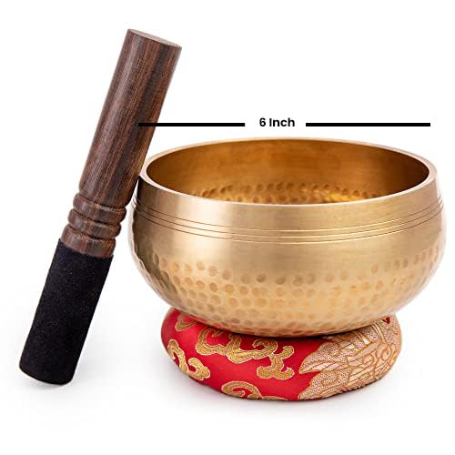 Tibetan Singing Bowl Set - Easy To Play for Beginners - Authentic Handcrafted Mindfulness Meditation Holistic Sound 7 Chakra Healing Gift by Himalayan Bazaar (6") - color: Gold - 6 Inch