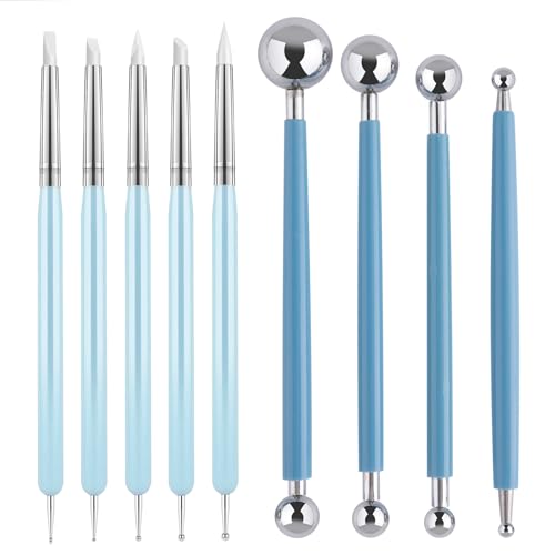 UUSYCUN 9PCS Sculpting Clay Dotting Tools, Dotting Tools for Painting Mandalas, 2-Way Ball Stylus Clay Tools for Embossing, Sculpting, Shaping, Nail Art, Polymer Clay, Pottery Crafts, Rhinestone, Rock - color: Silicone-9PCS