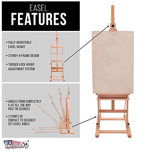 U.S. Art Supply Medium Wooden Studio H Frame Easel with Storage Tray | Adjustable to 96" High, Holds Canvas up to 48" - Beechwood Artist Easel for Painting, Art Display Stand, Portraits