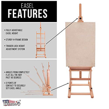 U.S. Art Supply Medium Wooden Studio H Frame Easel with Storage Tray | Adjustable to 96" High, Holds Canvas up to 48" - Beechwood Artist Easel for Painting, Art Display Stand, Portraits