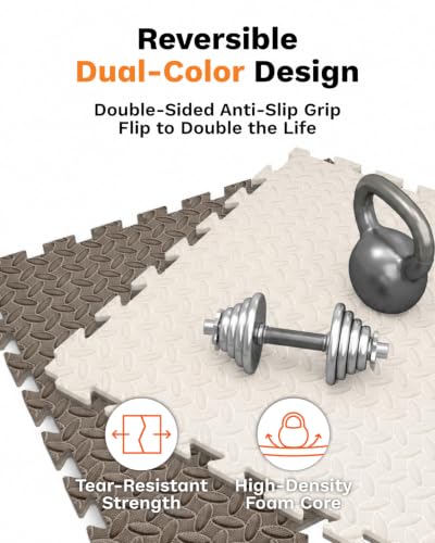 AIRHOP Upgraded 0.79" Extra Thick 48 Sq Ft High-Density Eva Foam Exercise Gym Mats, 12 Pcs Large Interlocking Puzzle Floor Tiles (24"x24") for Home Gym - color: Beige/Brown