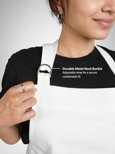 100% Cotton Kitchen Apron with 2 Pockets – Adjustable Chef Apron for Cooking Baking BBQ – Unisex Apron - color: White