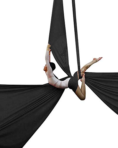 Durable Aerial Silks Starter Kit with 11-Yard Yoga Hammock & Hardware | Aerial Swing for Acrobatic Flying Yoga & All Levels, Aerial Rigging Point up to 14ft, Durable, Safe - color: Black