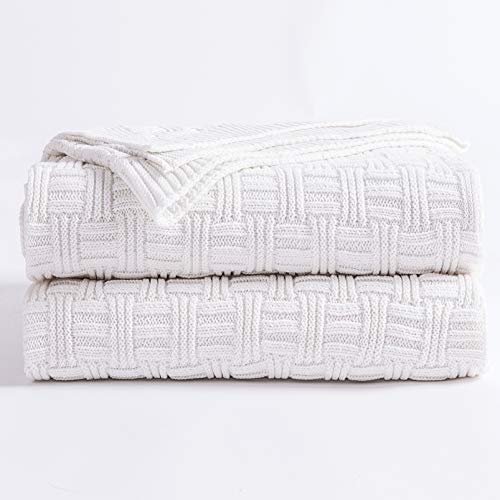 Longhui bedding Pure White Cotton Cable Knit Throw Blanket for Couch Chair Sofa,Soft Cozy Home Decorative Blankets for All Seasons, 50 x 60 Inch Gift a Washing Bag,2.2 pounds Silk Bow Tie Package - color: Pure White, Stripe Pattern, size: 50"x60"