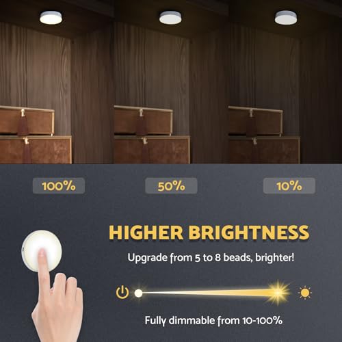 DAZZY DOT Rechargeable Puck Lights 2-Pack, Magnetic Tap Light, Warm Yellow | Dimmable touch control, magnetic & adhesive mounting, 1000mAh rechargeable battery, 8 LED beads, brightness memory - color: Warm Yellow