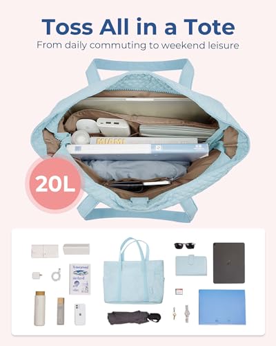 BAGSMART Crush Tote Bag for Women, 20L Puffer Work Tote with Zipper, Travel Essentials Quilted Nurse Hospital Bag - color: Baby Blue