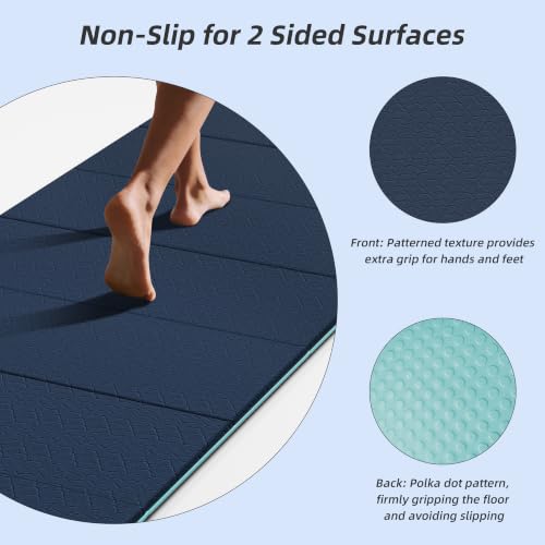 HAHE Foldable Yoga Exercise Mat, 74"Lx32"Wx1/3"Thick, TPE Workout Mat - color: Navy Blue+Green