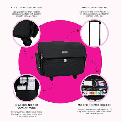 Everything Mary 4 Wheels Collapsible Deluxe Sewing Machine Storage Case - Rolling Trolley Carrying Bag for Brother, Singer - color: Black