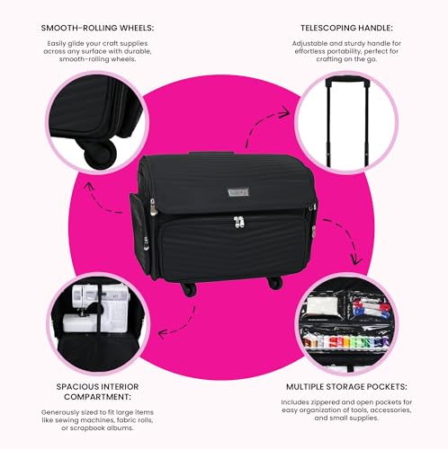 Everything Mary 4 Wheels Collapsible Deluxe Sewing Machine Storage Case - Rolling Trolley Carrying Bag for Brother, Singer - color: Black